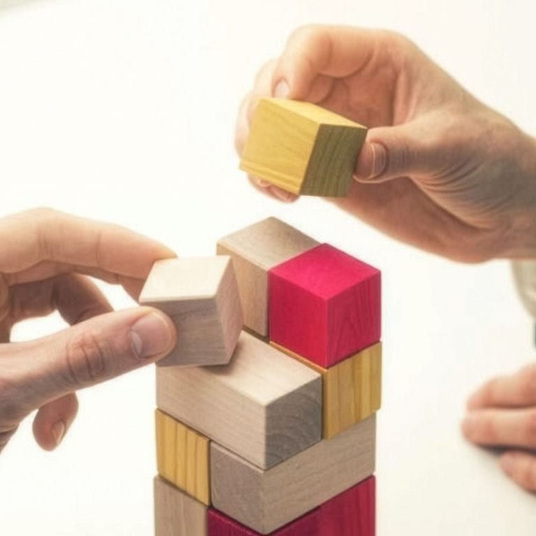 People building a tower with colorful wooden blocks
