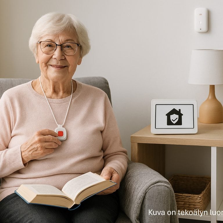 Elderly person in a bright room holding a medical help call button