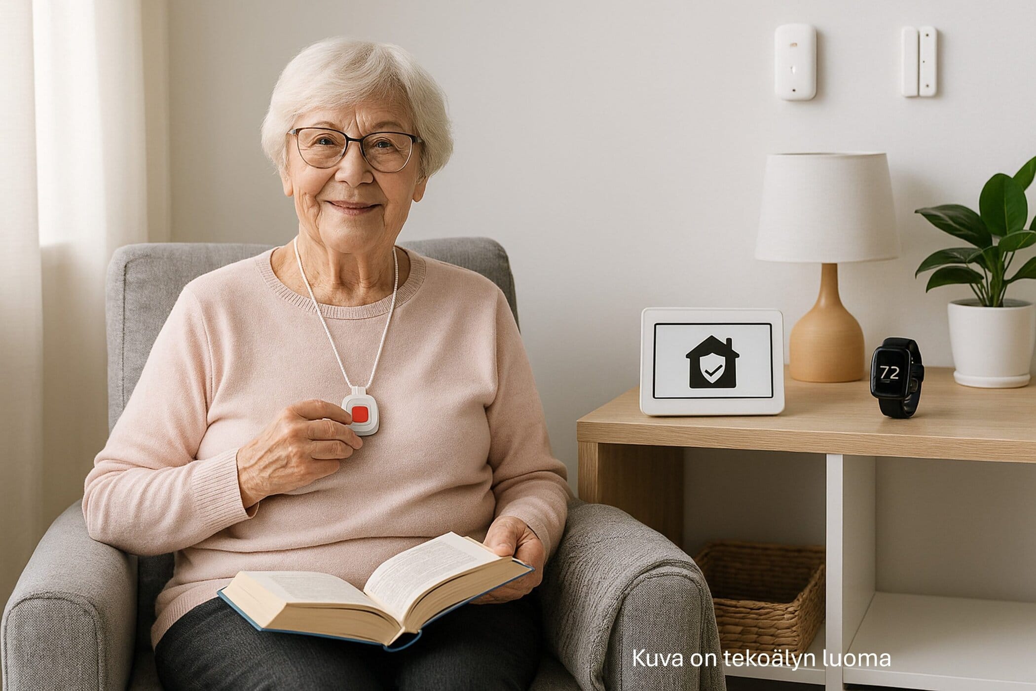 Elderly person in a bright room holding a medical help call button
